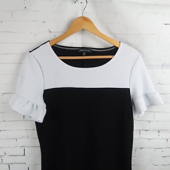 SLINKY BRAND BLACK & WHITE COLORBLOCK ROUND NECK RUFFLE SLEEVE SHIFT DRESS - Picture 4 of 6